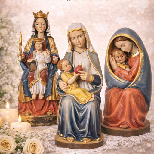 Sitzende Madonna Holzfigur mit Kind – klassische Marienfigur aus Holz geschnitzt