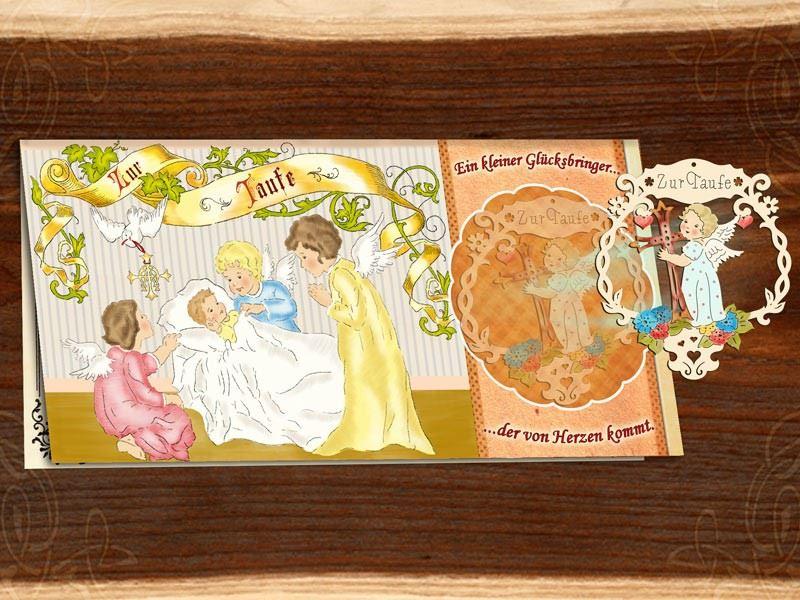 Glückwunschkarte "Zur Taufe" mit Holzbehang