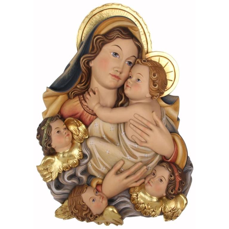 Madonna Brustbild mit Engel- holzgeschnitzt in Color-