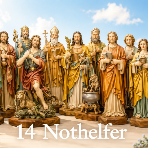 14 Nothelfer als hochwertige holzgeschnitzte Heiligenfiguren in traditioneller Darstellung