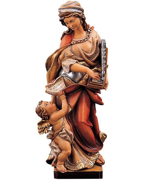 heilige caecilia holzfigur mit orgel und engel geschnitzt