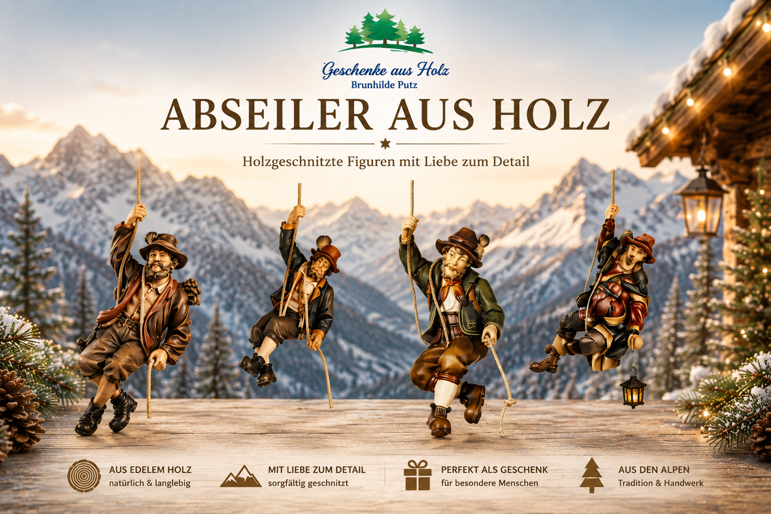 Holzgeschnitzter Abseiler am Seil mit detailreicher Bergsteigerkleidung