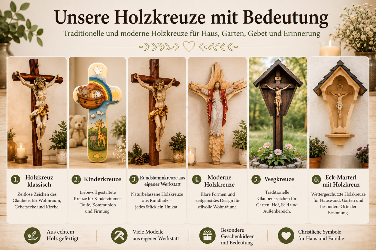 Holzkreuze im Überblick mit klassischen Holzkreuzen, Kinderkreuzen, Rundstammkreuzen aus eigener Werkstatt, modernen Holzkreuzen, Wegkreuzen und Eck-Marterln aus Holz