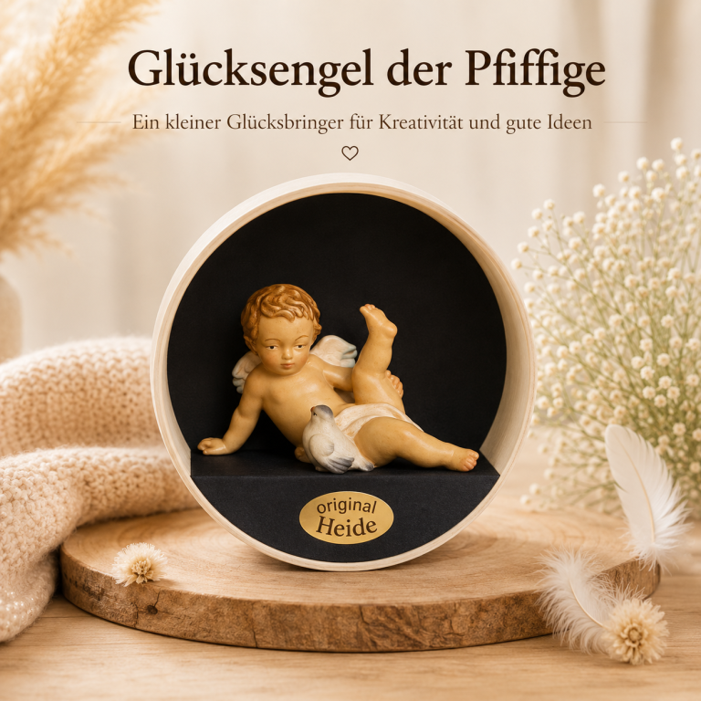 Holzgeschnitzter Glücksengel der Pfiffige mit Taube in dekorativer Rundverpackung von Original Heide