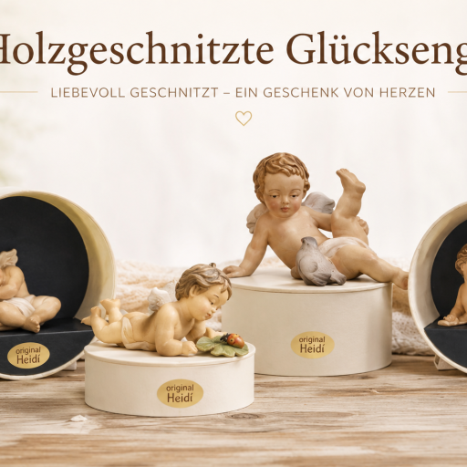 Holzgeschnitzte Glücksengel aus Holz als dekorative Glücksbringer und Geschenkidee