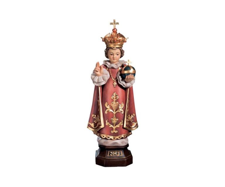 Prager Jesukind Holzfigur mit Krone, Segenshand und Reichsapfel