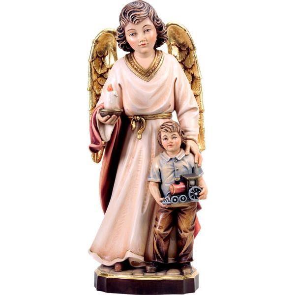 schutzengel mit bub und lokomotive holzfigur
