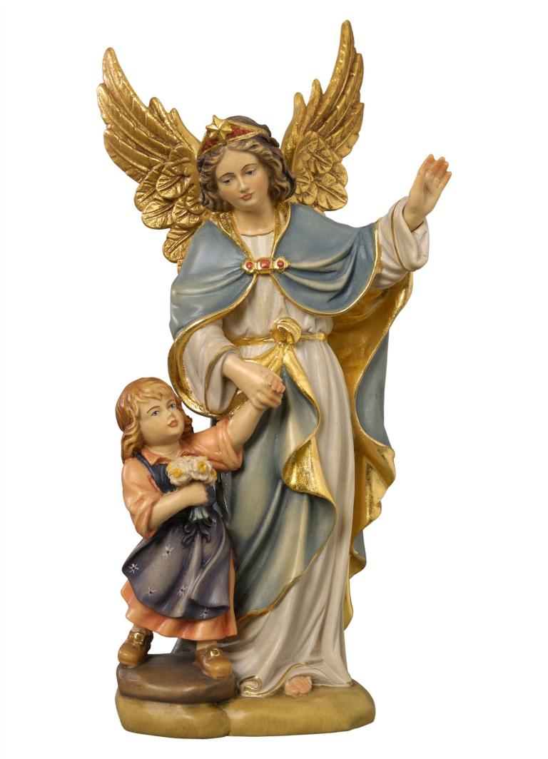 schutzengel mit maedchen und blume holzfigur geschnitzt