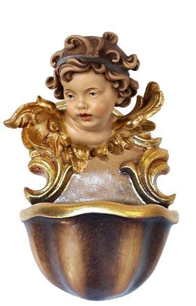 Verzierte Skulptur eines Engelskopfes mit goldenen Ornamenten auf einem halbkugelförmigen Sockel