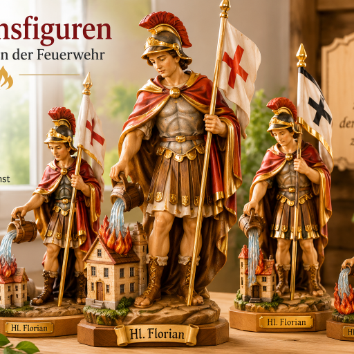 Holzgeschnitzte Floriansfiguren als Schutzpatron der Feuerwehr in verschiedenen Größen und Bemalungen