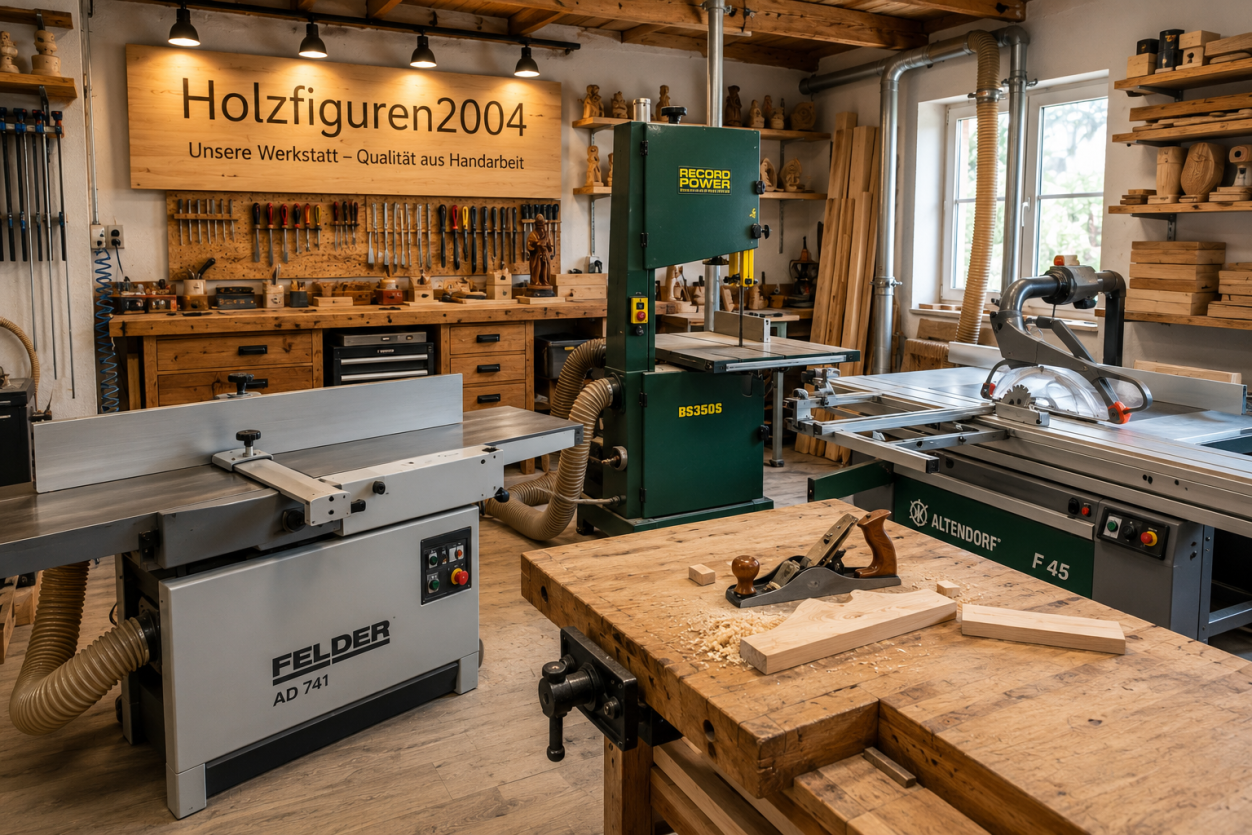 Werkstatt von Holzfiguren2004 mit Hobelmaschine, Bandsäge, Kreissäge und Maschinen zur professionellen Holzbearbeitung.